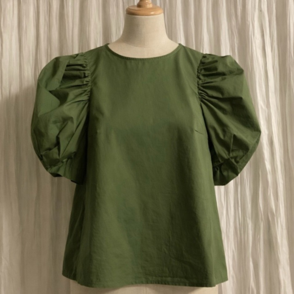 Crosbi Puff Sleeve Blouse XS Olive Green Statement Sleeve Top Minimalist Chic